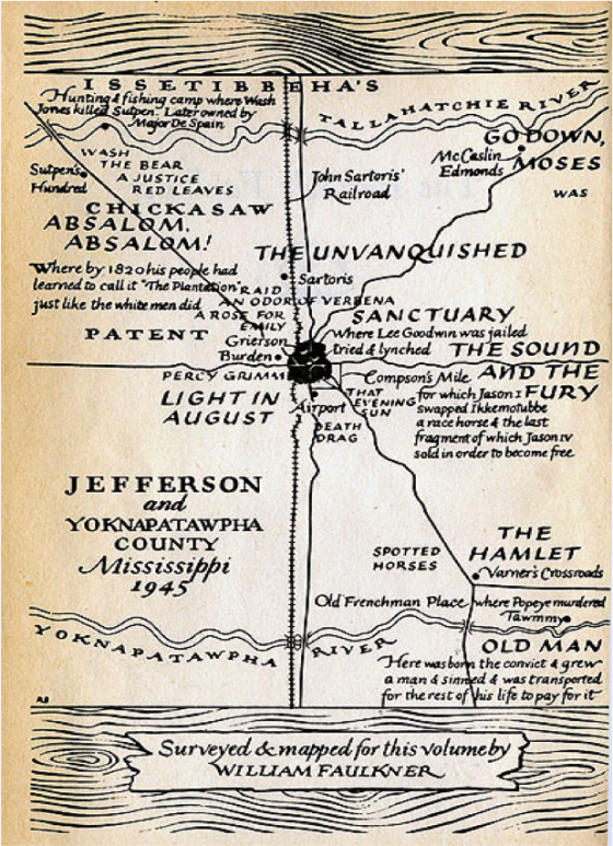 Un plan de Yoknapatawpha county réalisé par Faulkner en 1945. Y sont indiqués les lieux de déroulement de ses principaux romans.