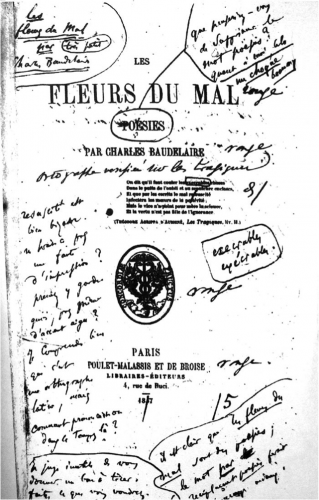 Page de titre de l'édition de 1857 des Fleurs du Mal, épreuve corrigée par Baudelaire.